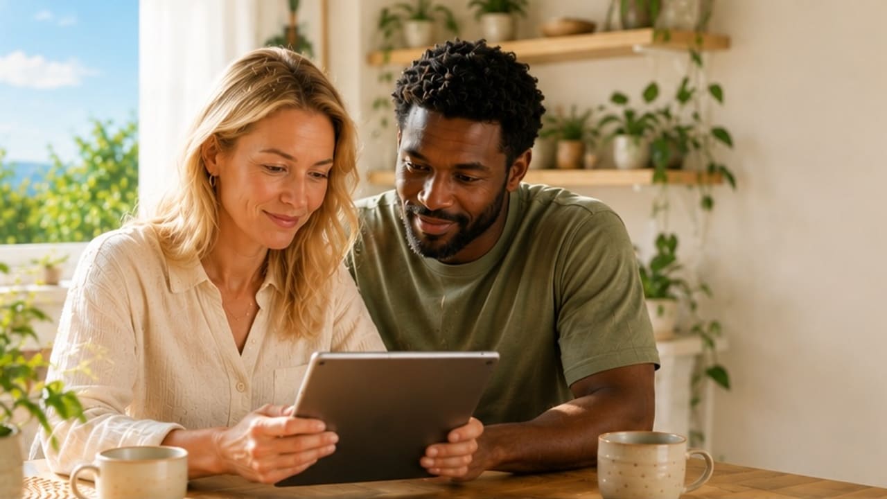 A couple at home reading their INNER health information together on a tablet.